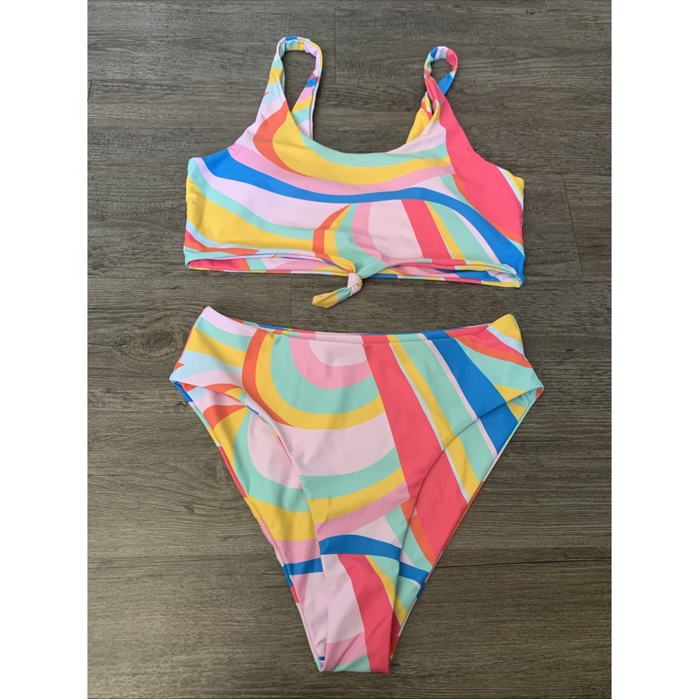 Zaful Swimsuit Womens L Neon Rainbow Abstract Print High Waist Bikini Set